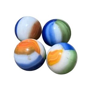 Vintage Glass Marbles. Ribbon design blue, green and orange. Set of 4 (PPPP)